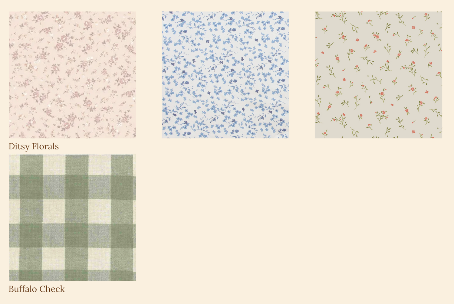 Vintage-style fabric patterns showing delicate floral prints and classic buffalo check in muted colors.