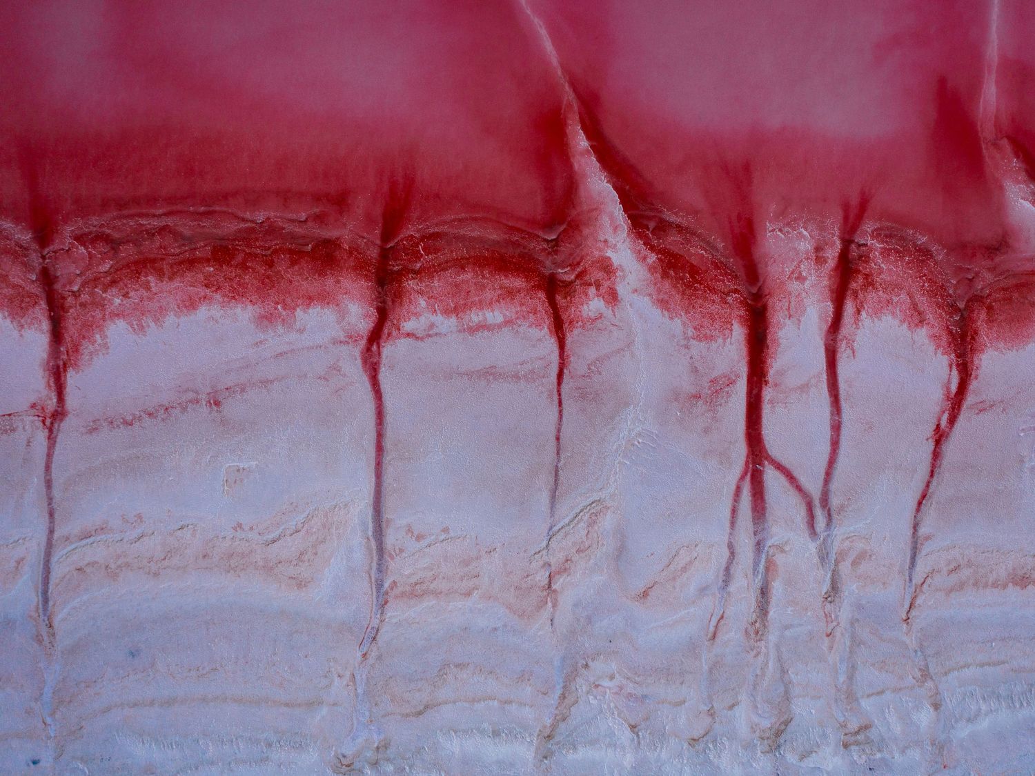 Aerial close-up of salt crust patterns at Lake Urmia, Iran, where white salt meets deep red water.