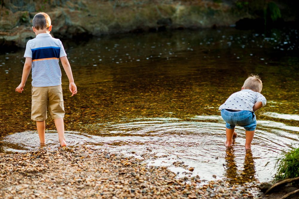 Two young boys playing at the edge of a shallow creek, exploring rocks and water on a sunny day.