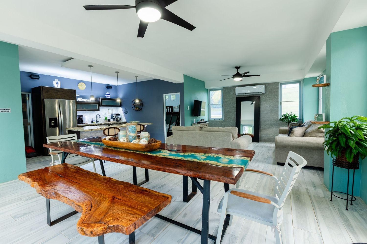 Living room, dining room and kitchen. Beach house in Vega Baja, Puerto Rico.