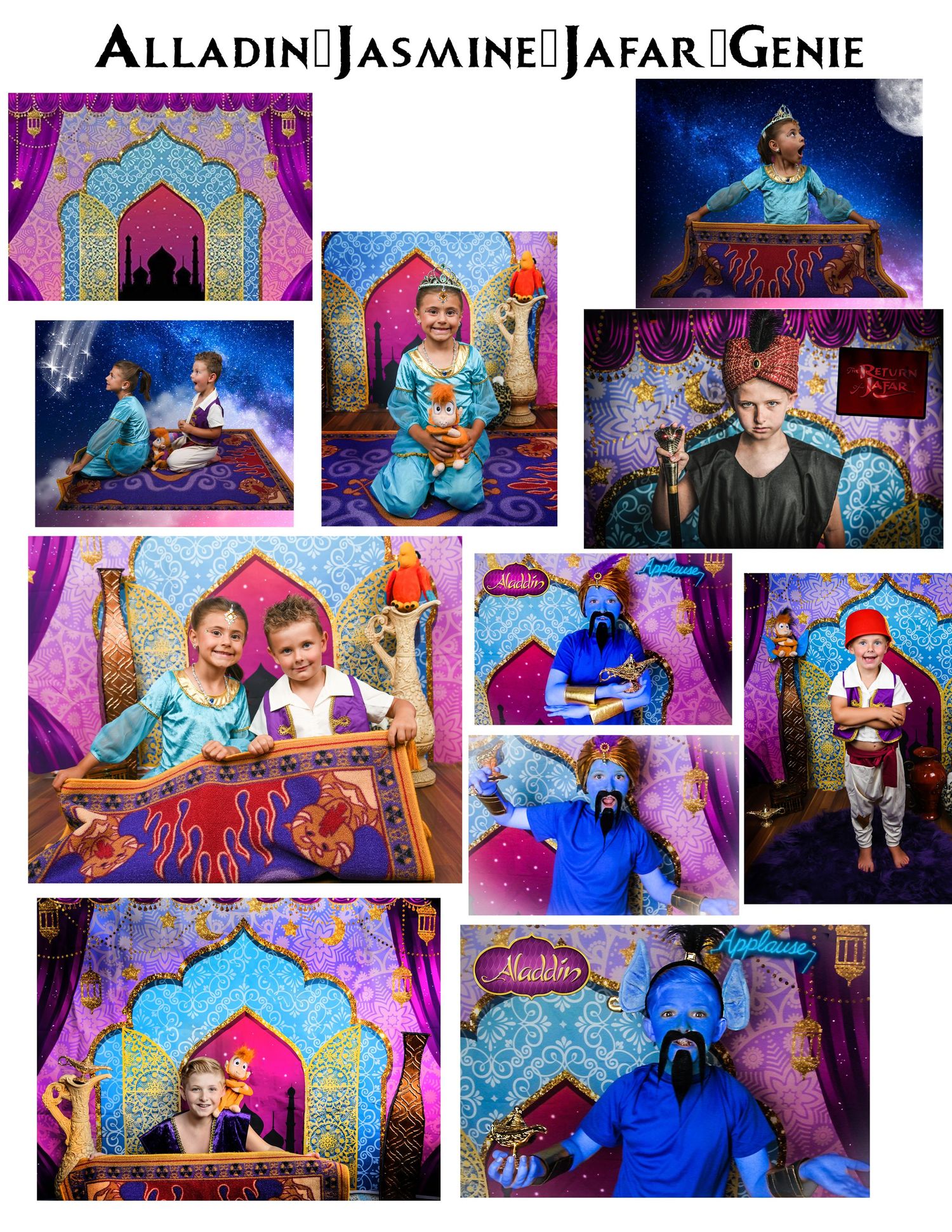 Children dressed as Aladdin, Jasmine, Jafar, and Genie in colorful Arabian Nights themed photo collage.