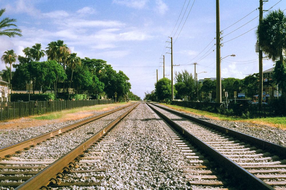 Railroad tracks stretching into the distance lined with palm trees and utility poles under a blue sky in Florida.