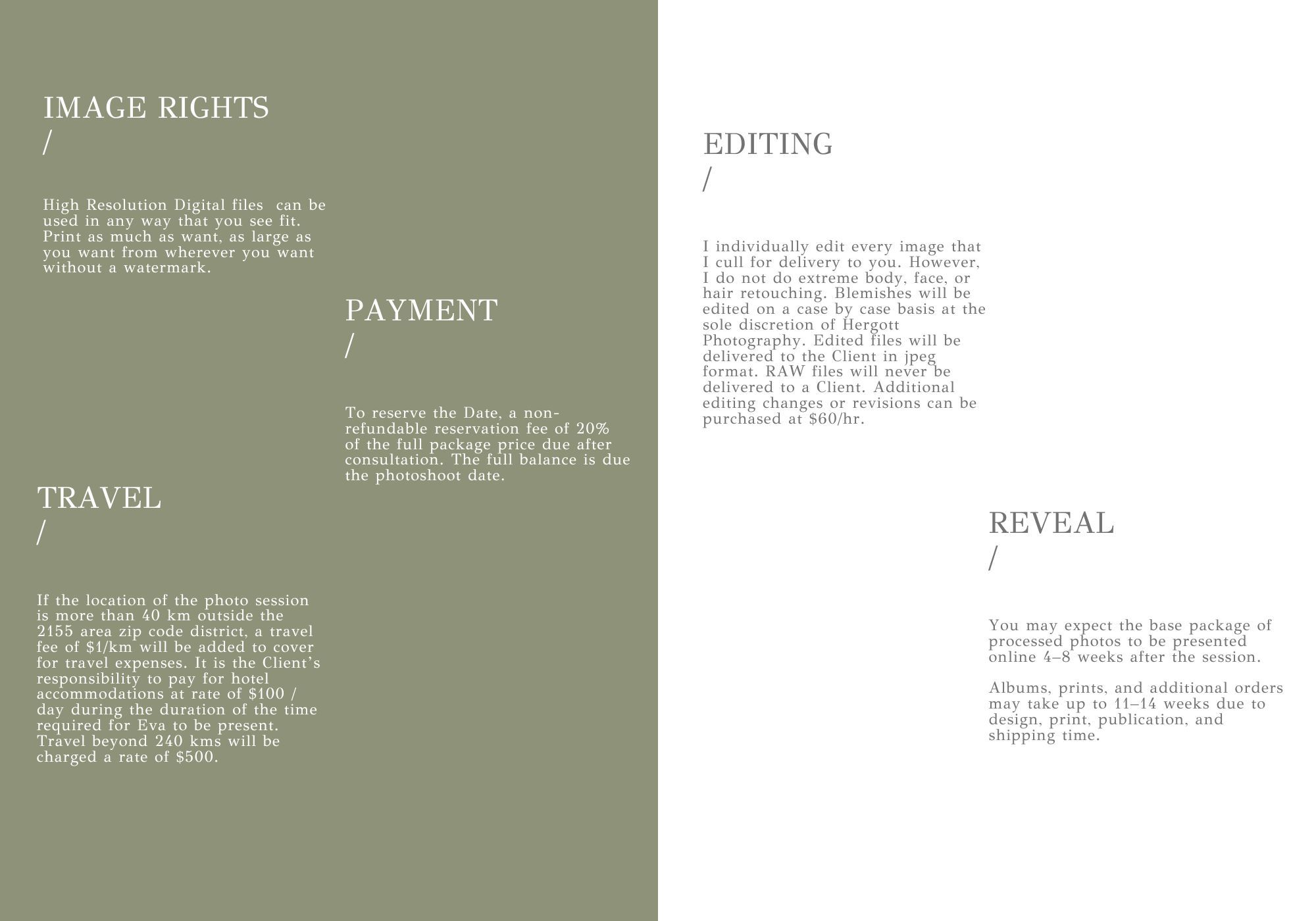 Teal and white photography business pricing and information page layout.