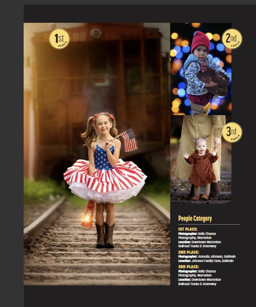 Award-winning photography collage featuring children in patriotic and festive outfits, showcasing 1st, 2nd, and 3rd place winners.