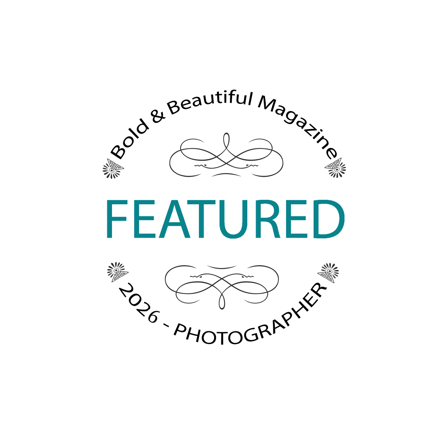 Bold & Beautiful Magazine 2026 Featured Photographer badge with elegant decorative scrollwork design.