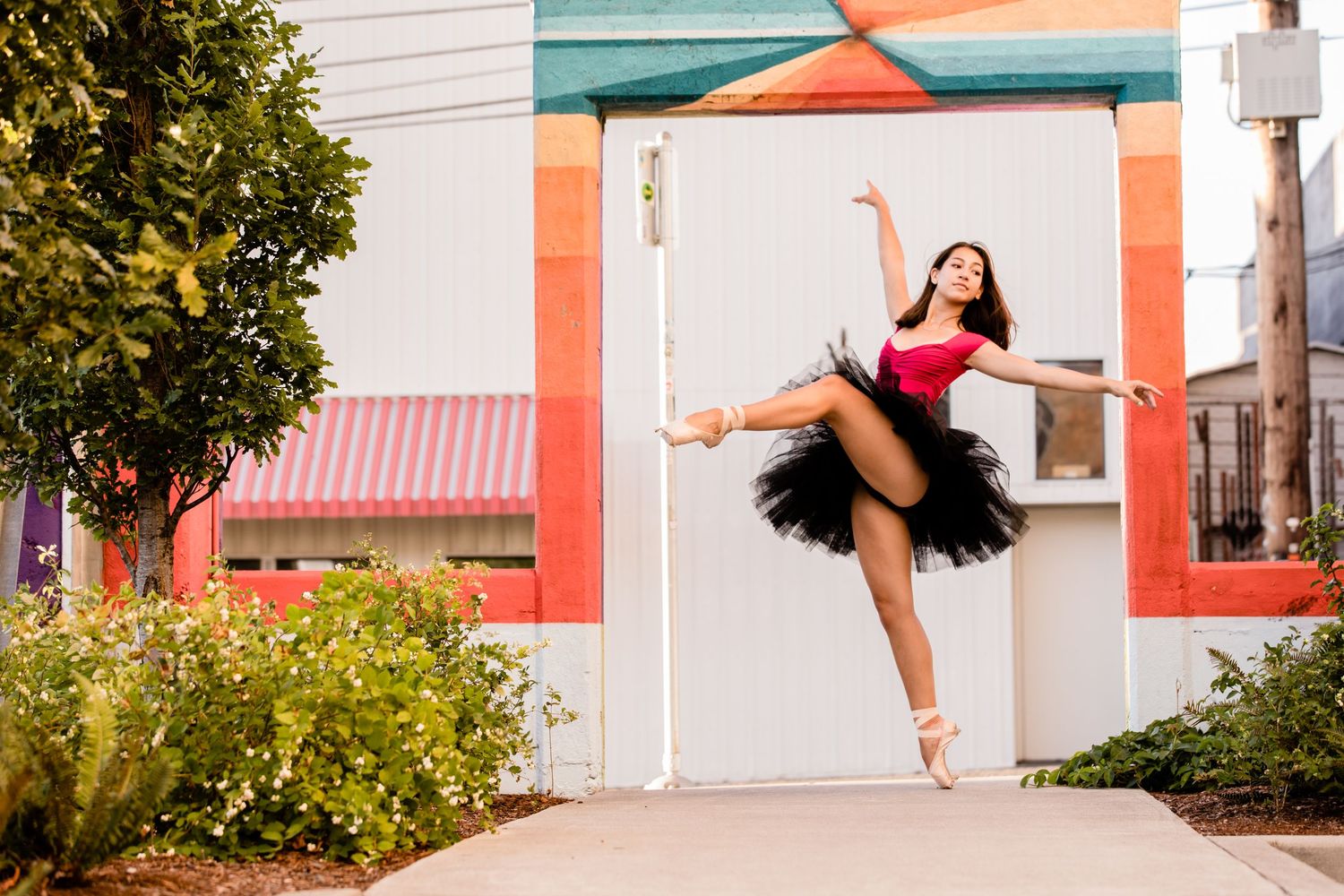 Ballerina in white tutu performs elegant arabesque pose under floral arch with red roses in lush garden setting.