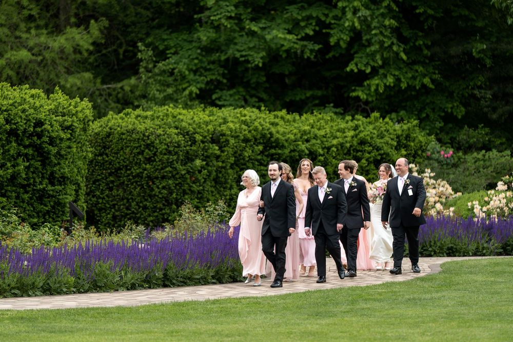 Bridal party strolling along garden path lined with purple lavender and pink blooms.