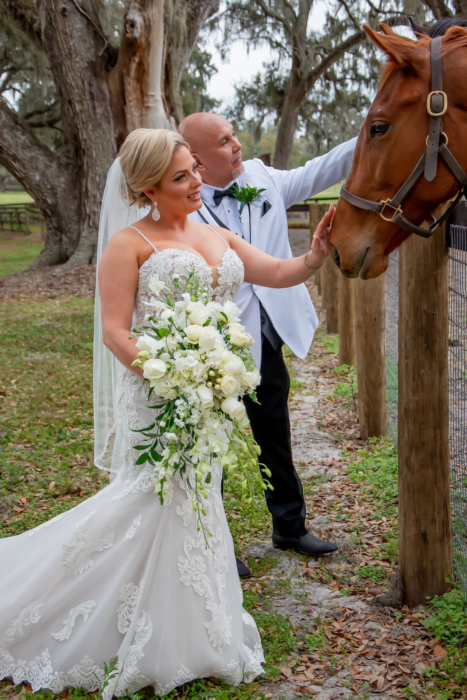 Bride in lace gown and groom in white jacket pet a chestnut horse outdoors at rustic wedding venue.