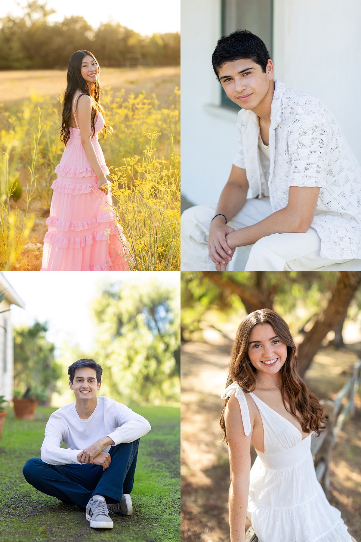 Outdoor portrait photography session featuring sunny field and natural settings with casual and formal attire styles.