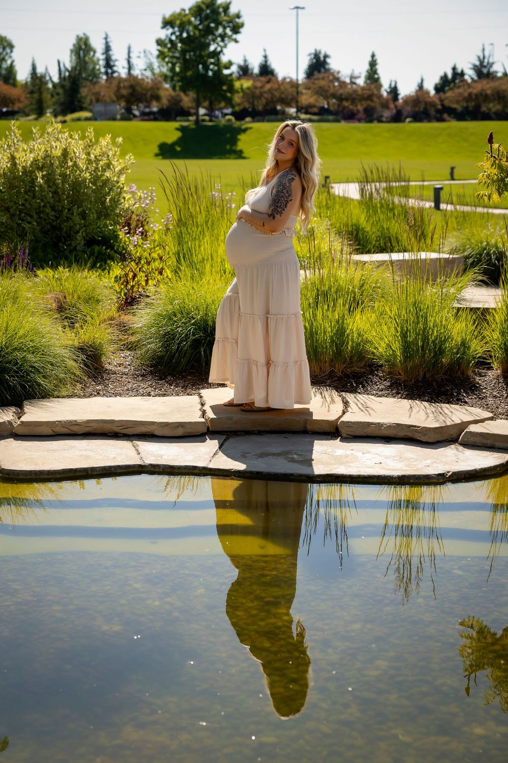 maternity photo woman with water reflection at Scentsy Commons Meridian Idaho Milestones Portraits