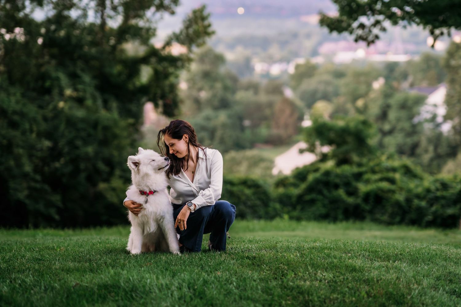 A white dog and person sit together on a grassy hillside overlooking a scenic valley at sunset. Best Photographer Cincinnati. Pet and Family