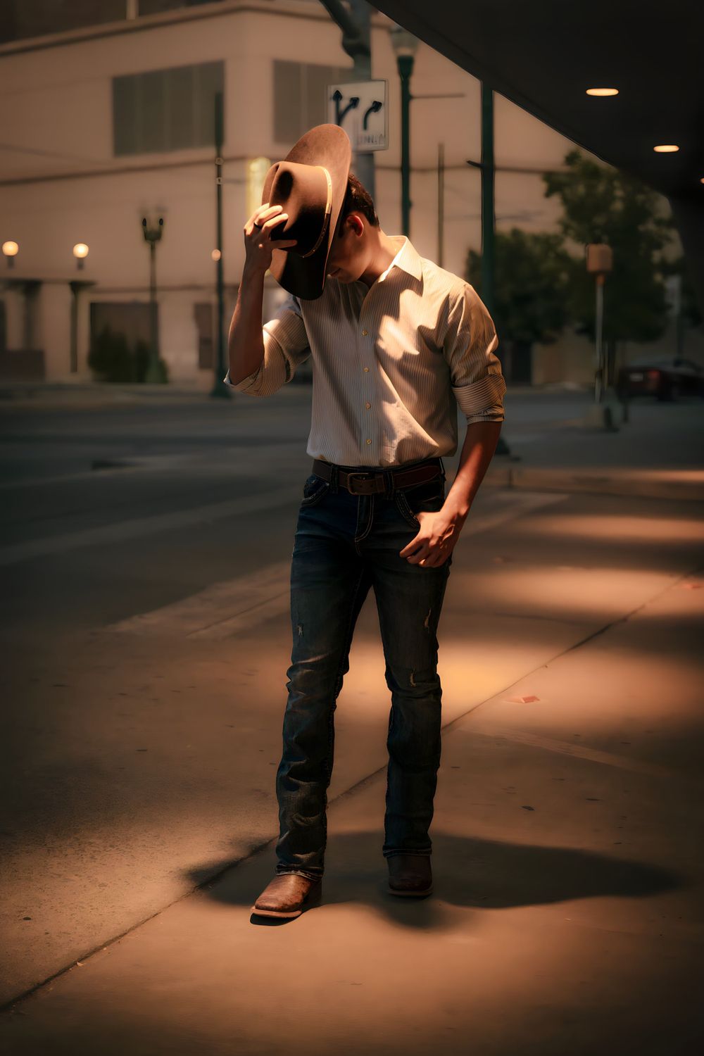 Person in casual attire poses under dramatic spotlight on urban street at night.