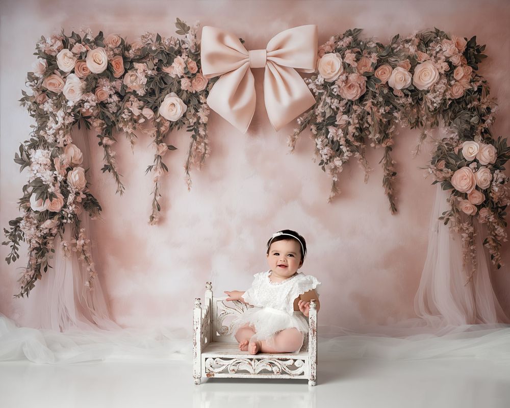 floral backdrop during cake smash photoshoot for baby girl in Moreno Valley ca