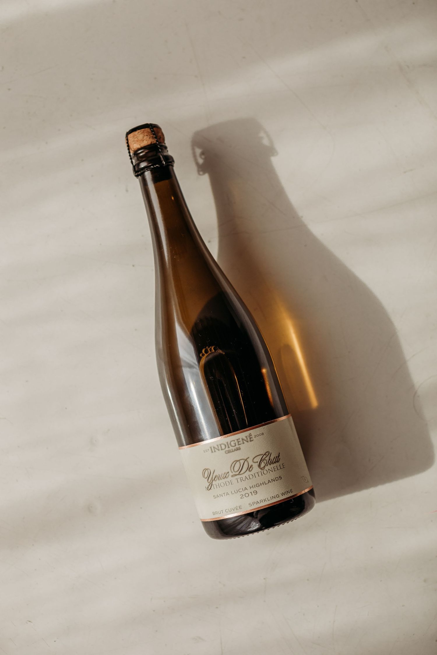 A bottle of wine casting a dramatic shadow on a white surface.