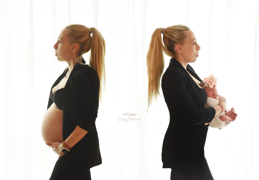 Side by side comparison shows pregnant silhouette in black dress, then holding newborn baby after birth.