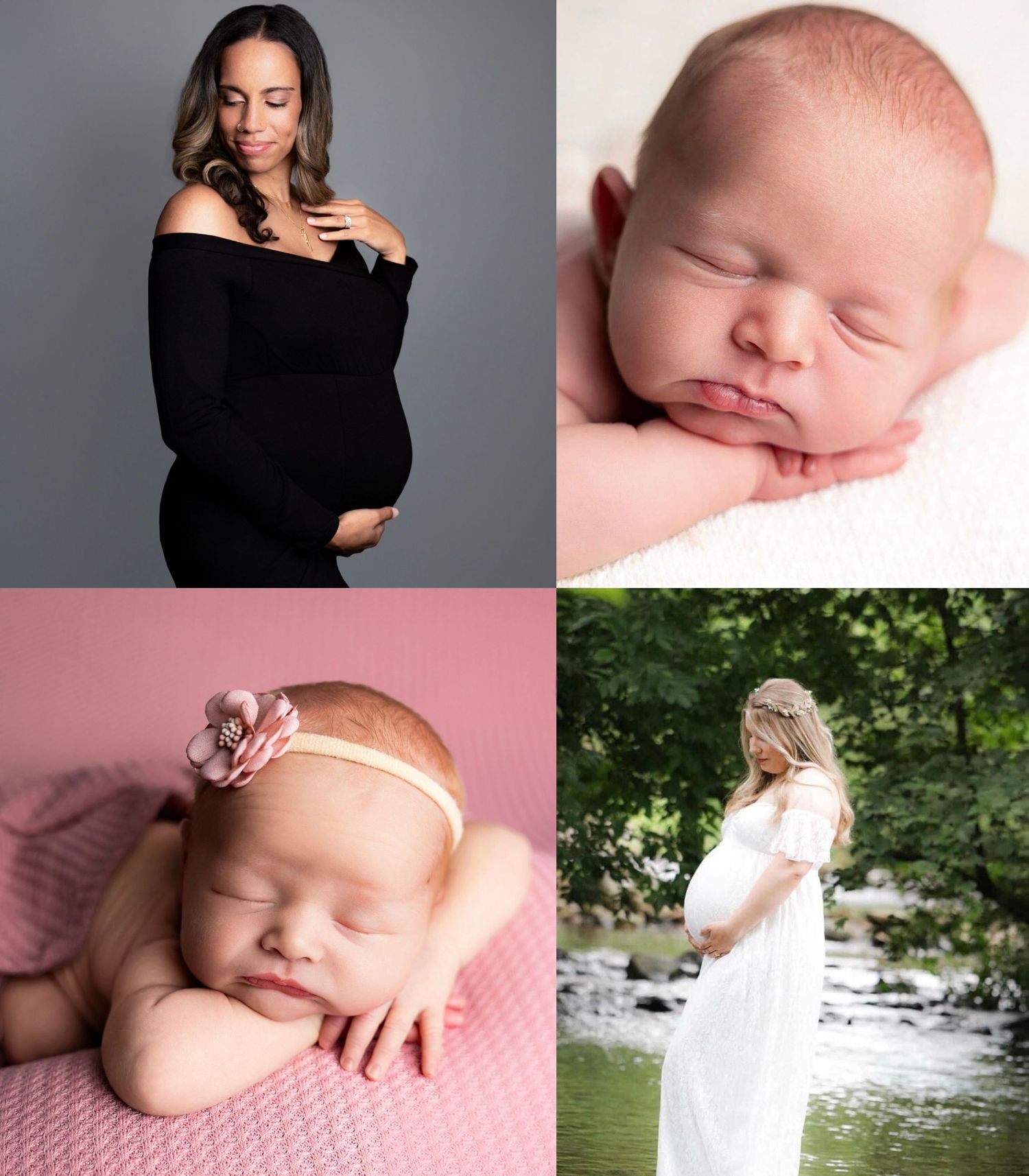 A collection of maternity and newborn photography showing outdoor pregnancy portraits and sleeping newborn babies.