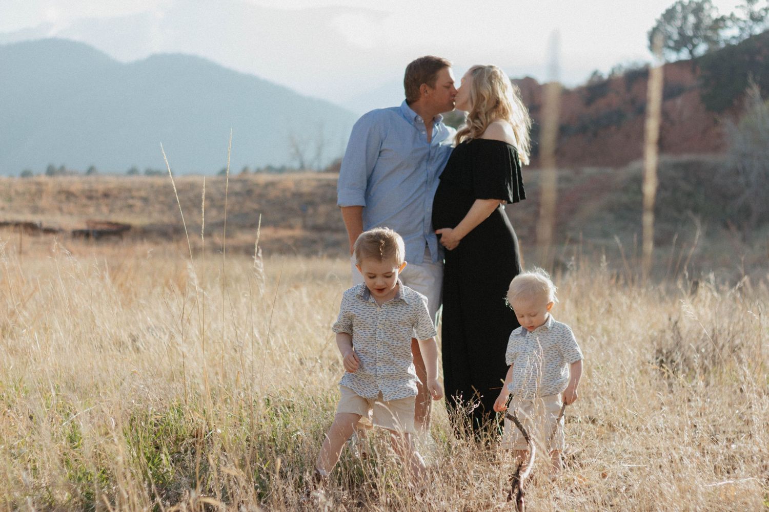 Family photoshoot in a golden field with mountain backdrop at sunset in Colorado Springs, Colorado. lifestyle