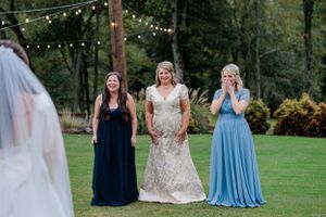 Emotional reactions during a wedding ceremony with attendants in blue and navy dresses.