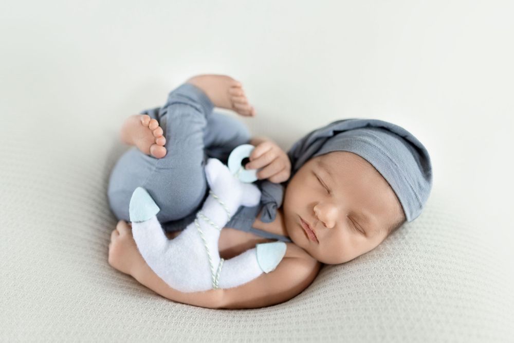 Sleeping newborn in gray outfit cuddling with a plush toy on white background. Photo by Dani De La Rosa, DigitalMyst Photography, Lutz FL