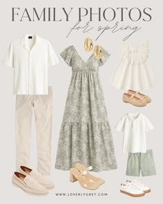 Spring family photo outfit guide featuring cream, sage green, and beige coordinating looks for all ages.