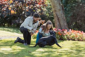 Couple sitting under tree with colorful flowers in park setting.