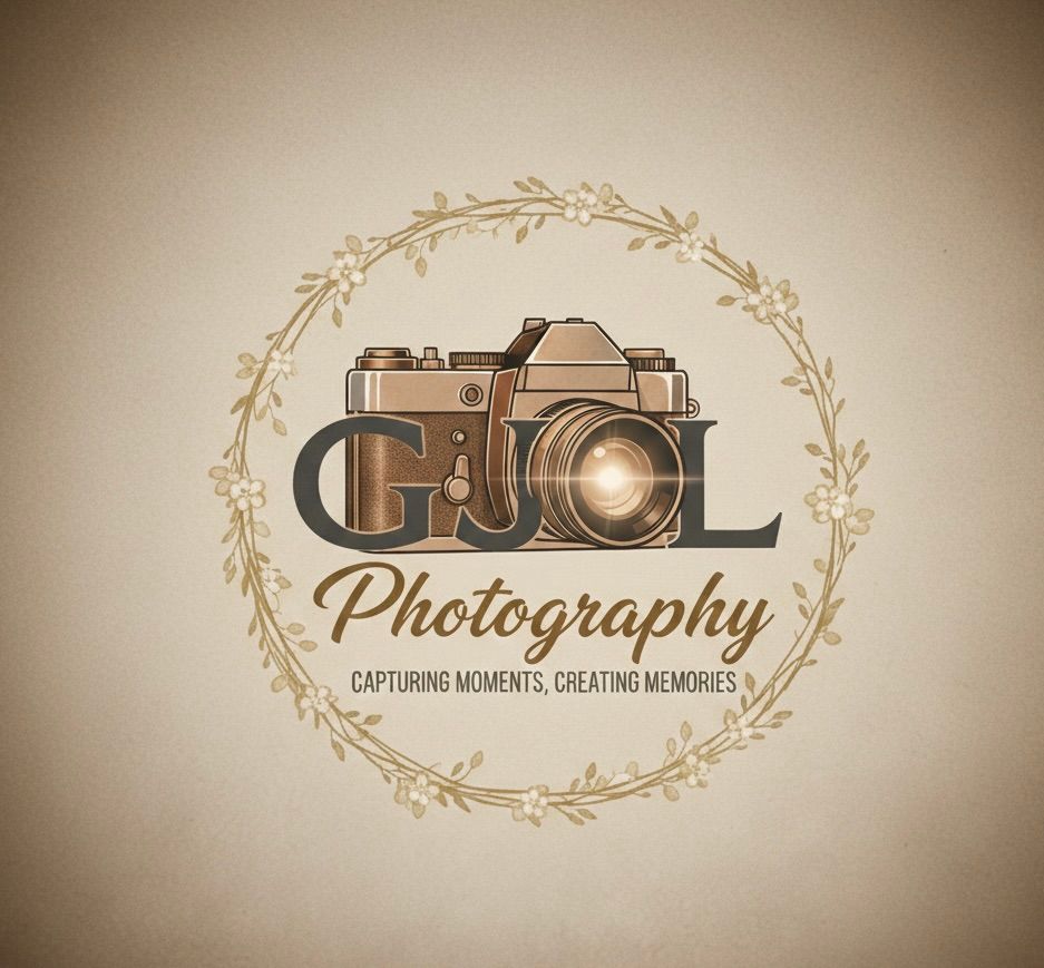 GJOL Photography logo featuring vintage camera in decorative wreath with tagline capturing moments creating memories.