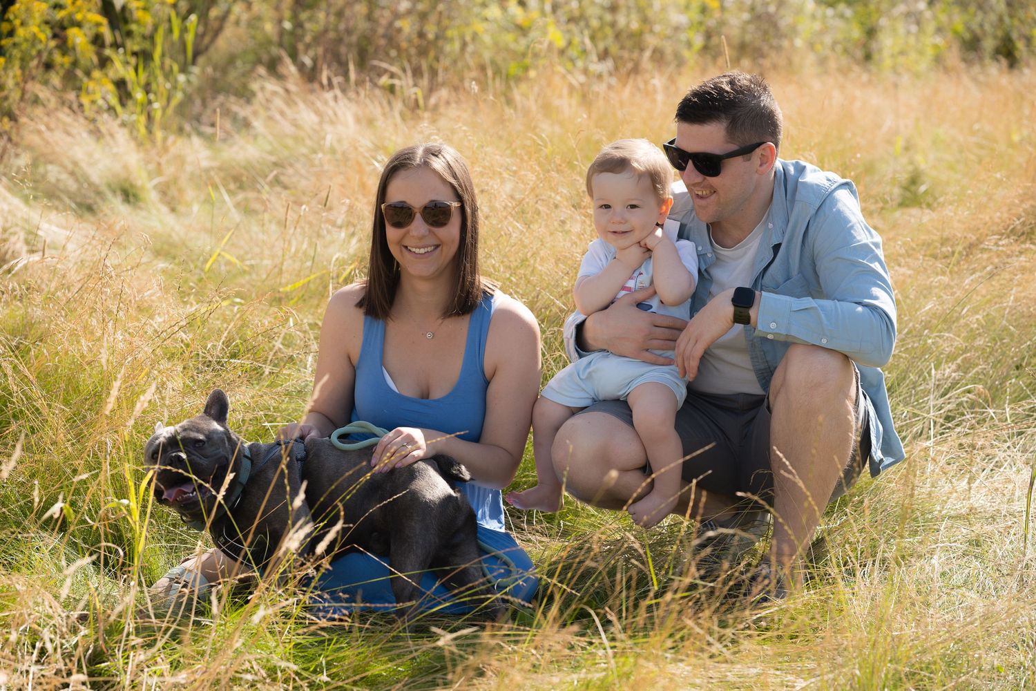 A summer family portrait, with the family dog too. The parents are sat/crouched down and are wearing sunglasses. Baby is sat on dads lap