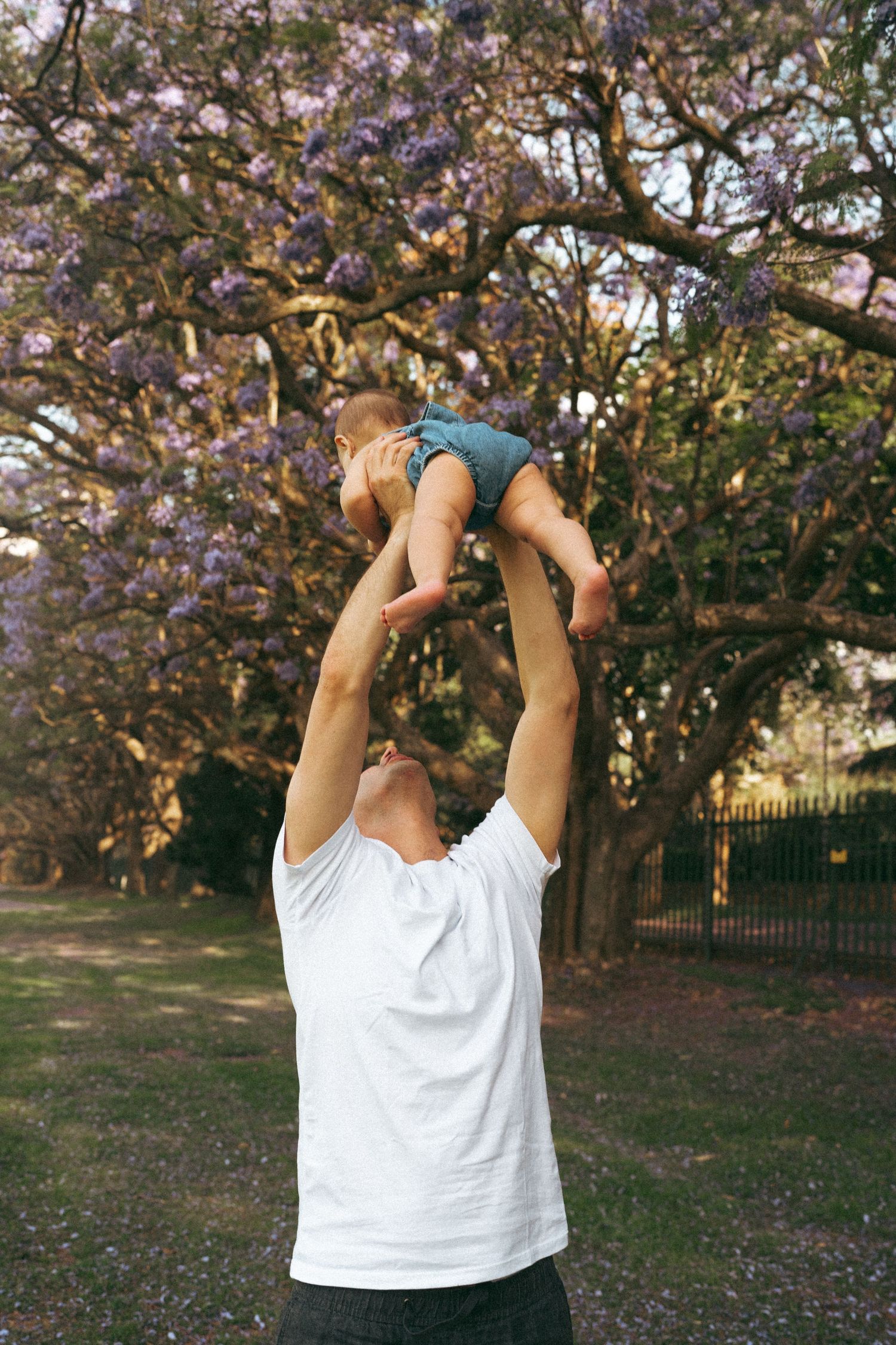Parent lifting child playfully under blooming spring trees in a park setting.