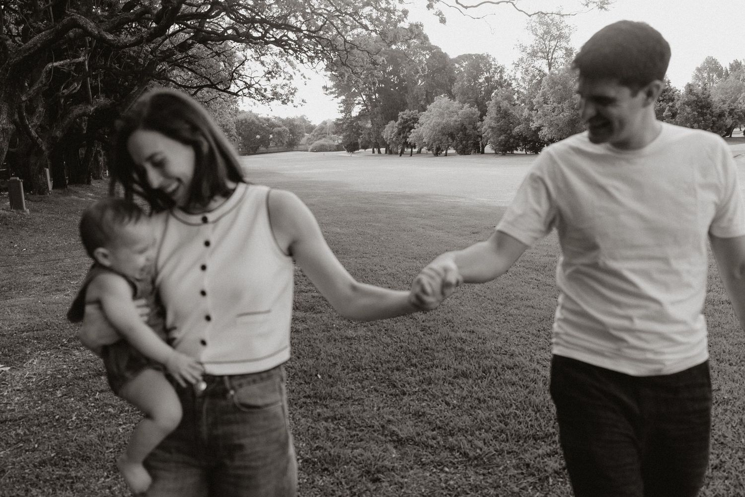 Series of casual family moments captured in a park under tree canopy.