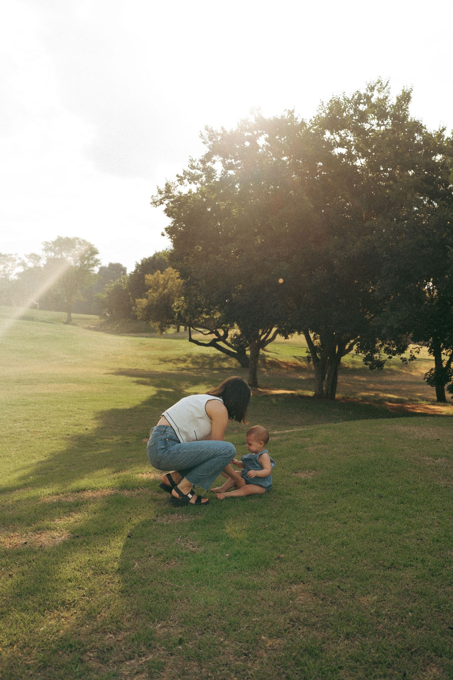 People playing and rolling on grass in a sunny park setting with trees in the background.
