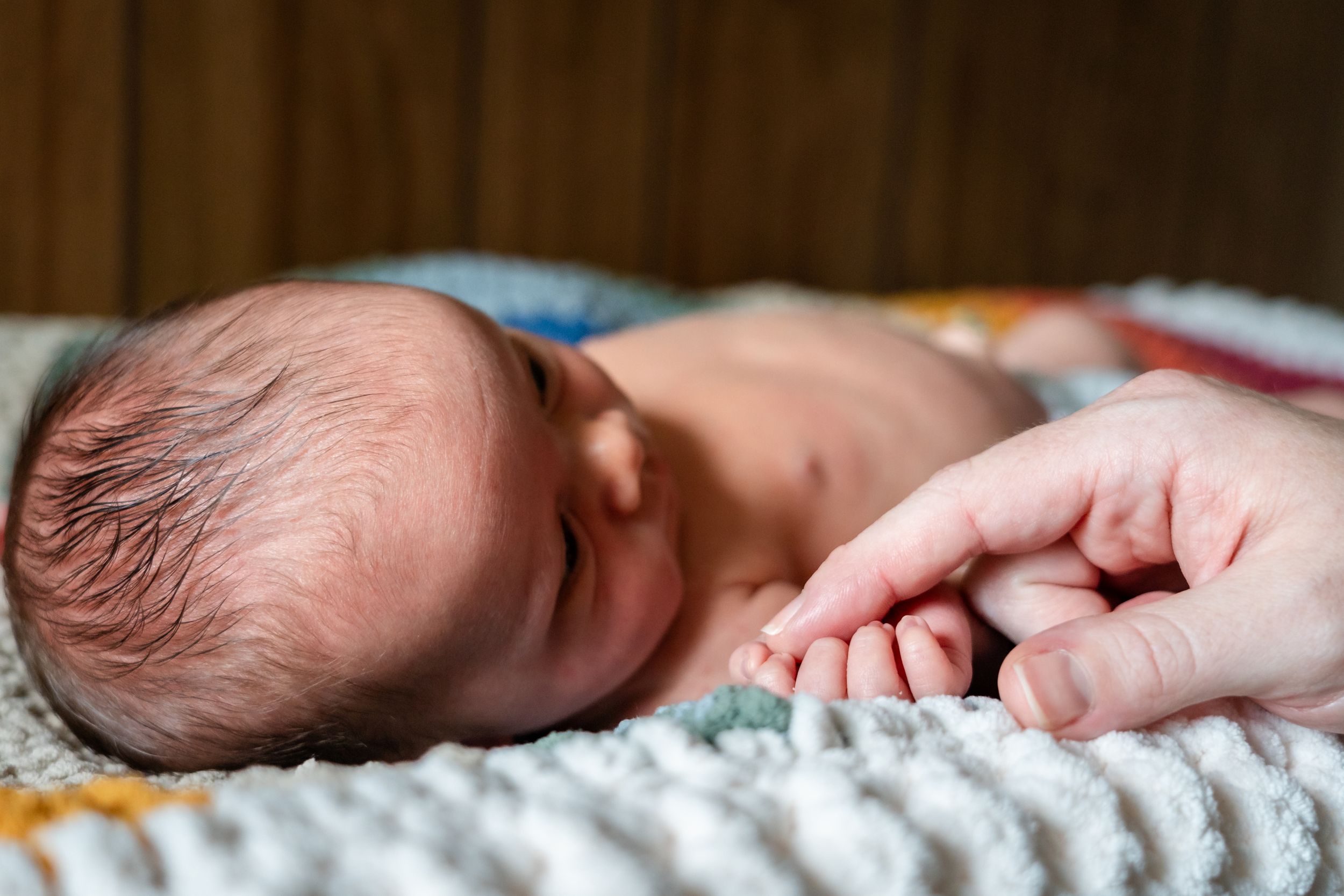 Close-up of newborn's tiny hand touching parent's finger on textured blanket.