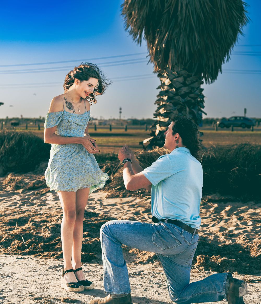 A romantic proposal scene takes place at sunset with a palm tree backdrop and sandy terrain.