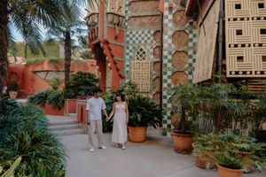 Elegant couple portraits with colorful Casa Vicens tiles