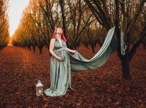 Glowing mother-to-be in a flowing maternity gown in a scenic meadow