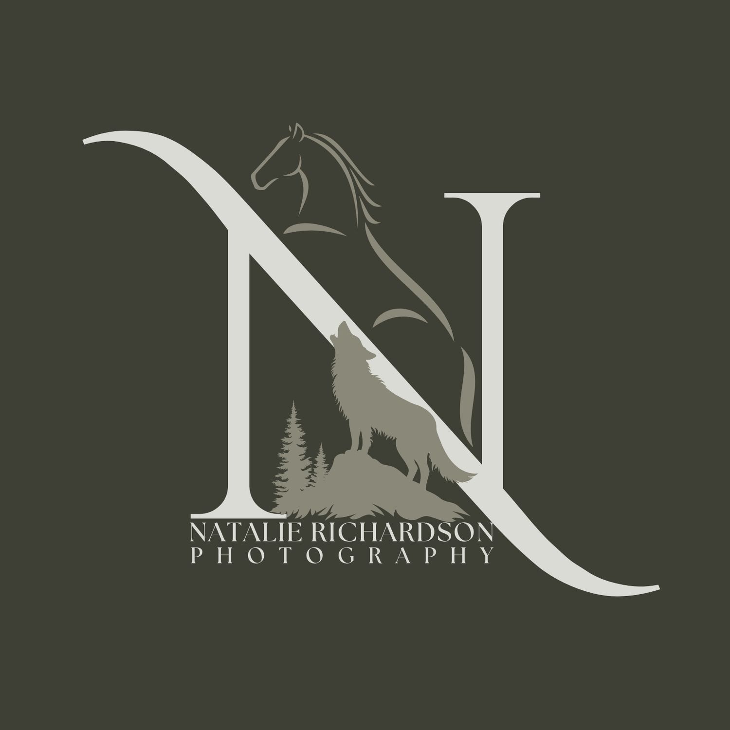 Elegant logo design featuring a horse silhouette and letter N in muted olive green and gray tones with a wolf howling.