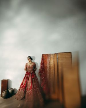 A sequence of photos showing a traditional South Asian bride in a red lehenga preparing for her wedding ceremony.