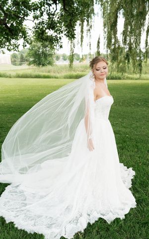 Bride in a strapless lace ball gown with flowing cathedral veil billowing in the wind on a lush green lawn.
