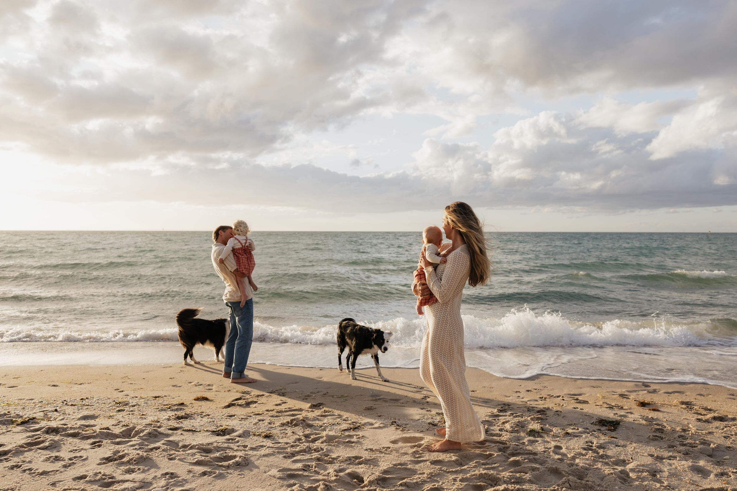 Family and dogs enjoy peaceful walk along ocean beach at sunset.