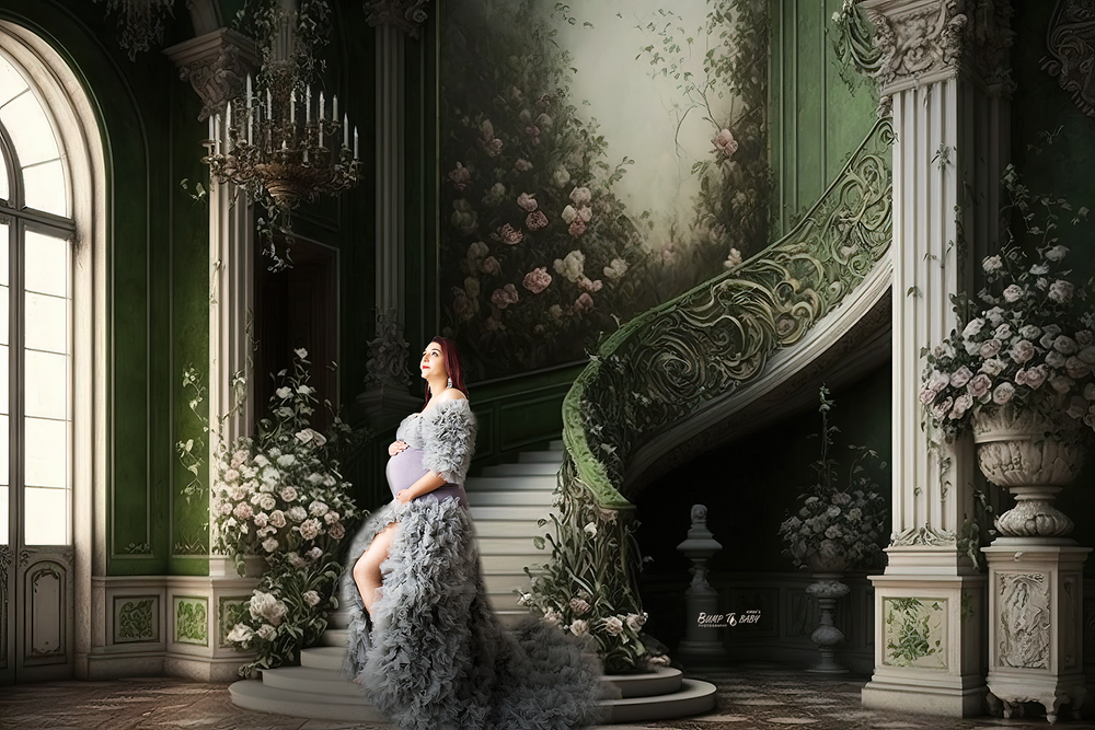 Pregnant woman standing on stairs maternity photoshoot Croydon Melbourne