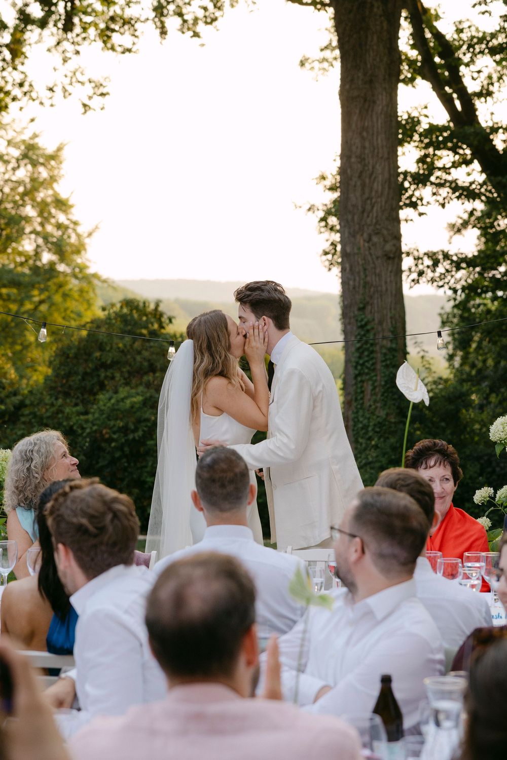 Bride and groom share a kiss at an outdoor wedding reception while seated guests watch and cheer beneath tall trees.