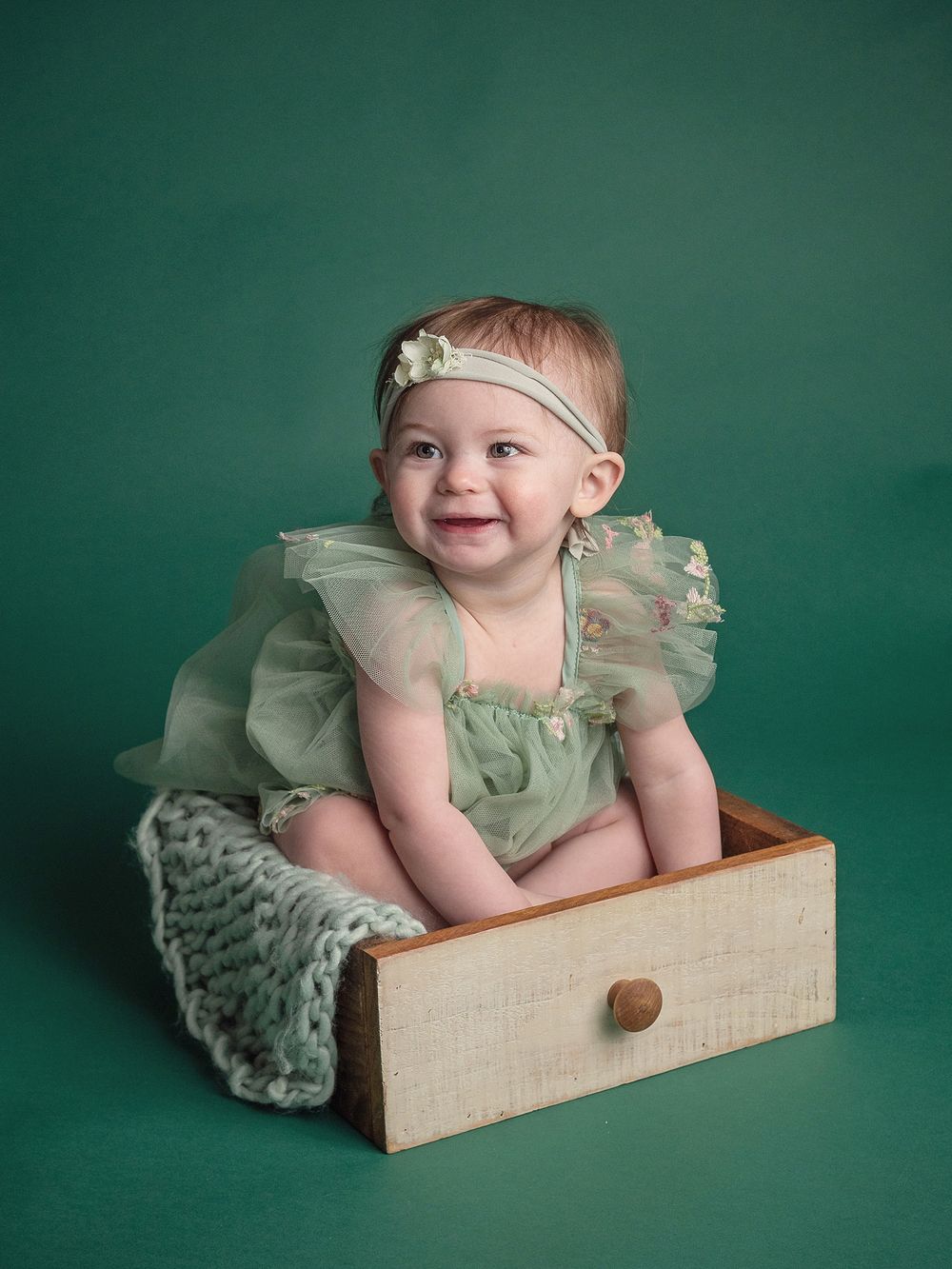 first birthday photos  baby in a drawer