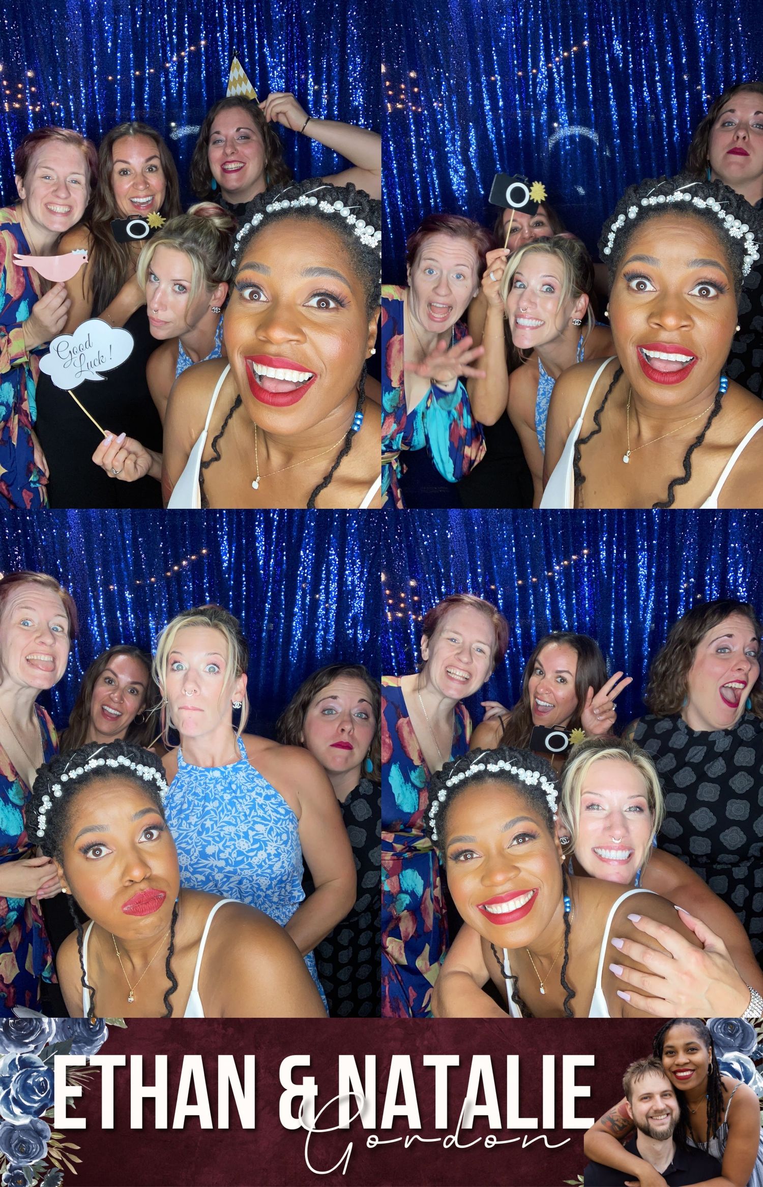A photo booth collage of friends posing and laughing together against a sparkly blue backdrop at Ethan & Natalie's event.