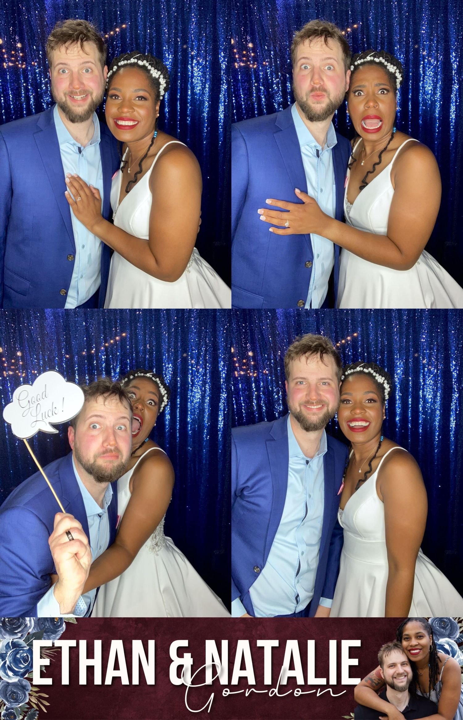 Photo booth strip showing four poses of a couple in formal attire against a sparkly blue curtain backdrop.