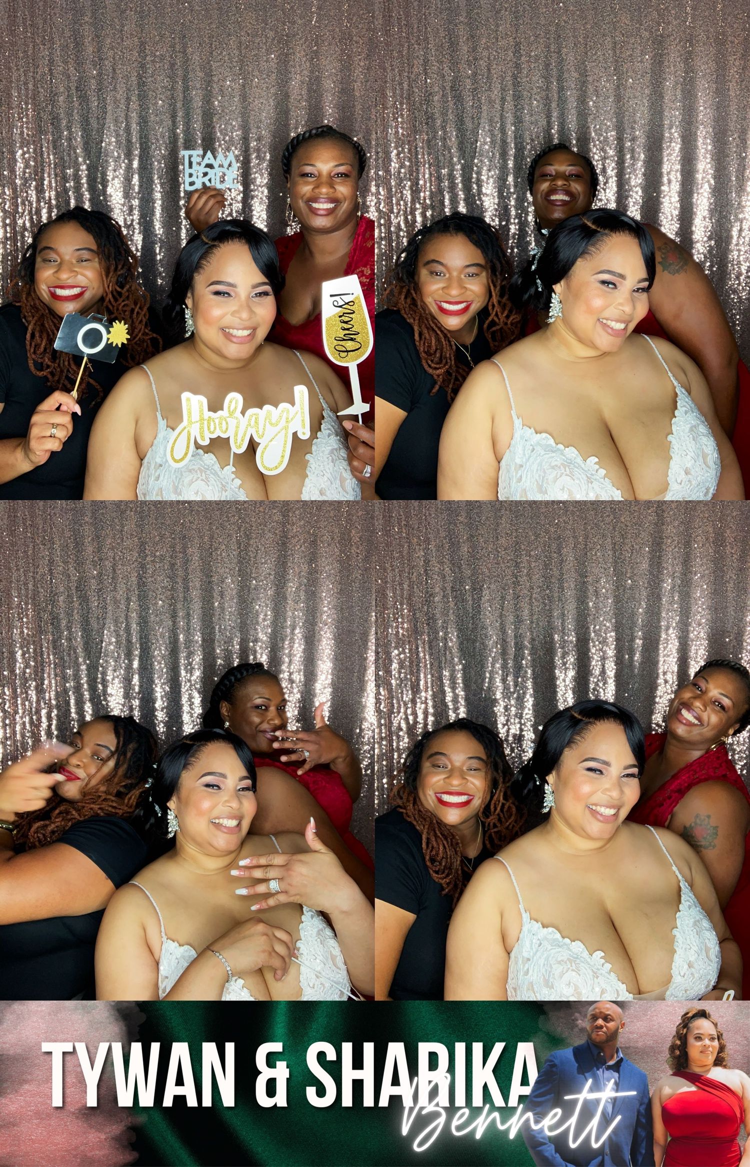 Wedding photo booth strip shows friends having fun with props against silver backdrop at Tywan & Shadika's celebration.