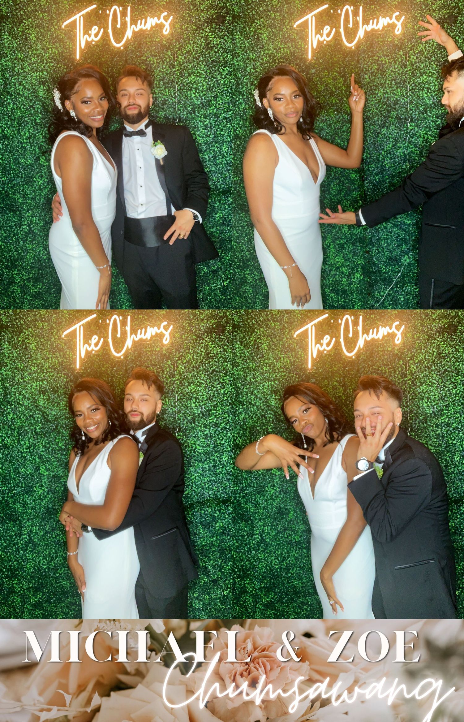 Photo booth style wedding portraits with green hedge backdrop showing couple striking playful poses in formal attire.