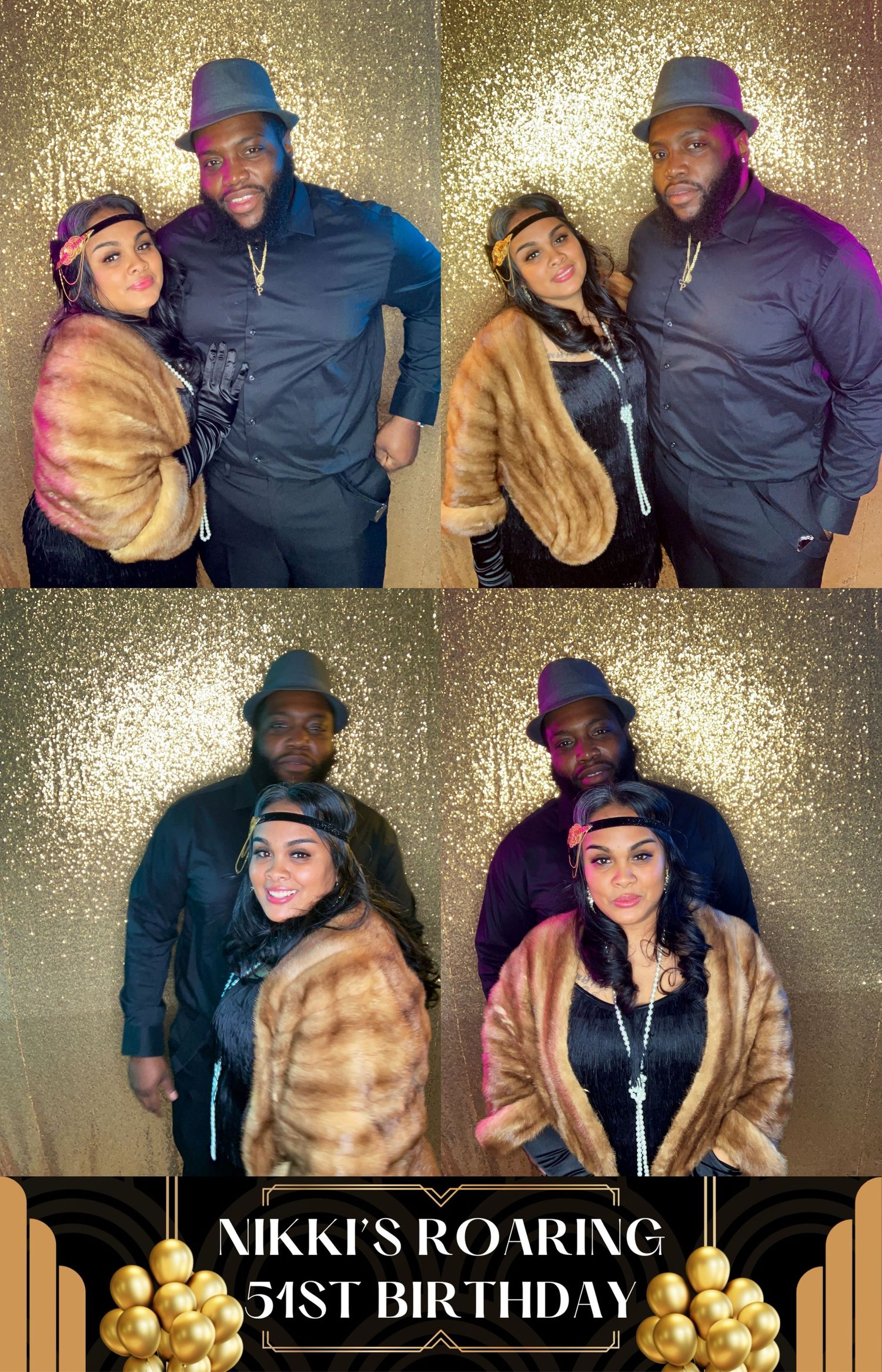 Photo booth strip showing two people posing together against a gold backdrop at a 31st birthday celebration.