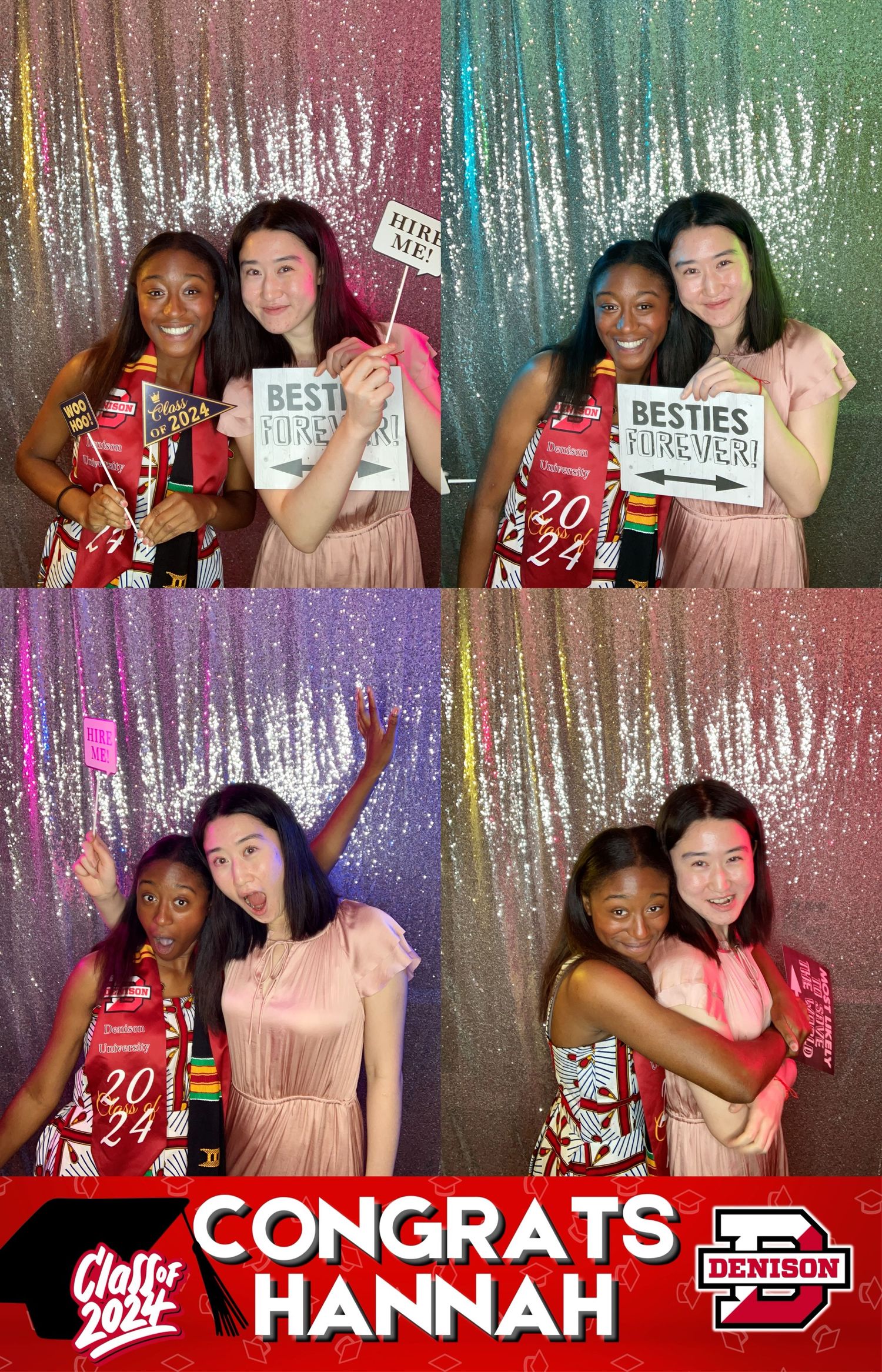 Photo booth strip shows friends posing with props and signs against a sparkly backdrop at a celebration party.