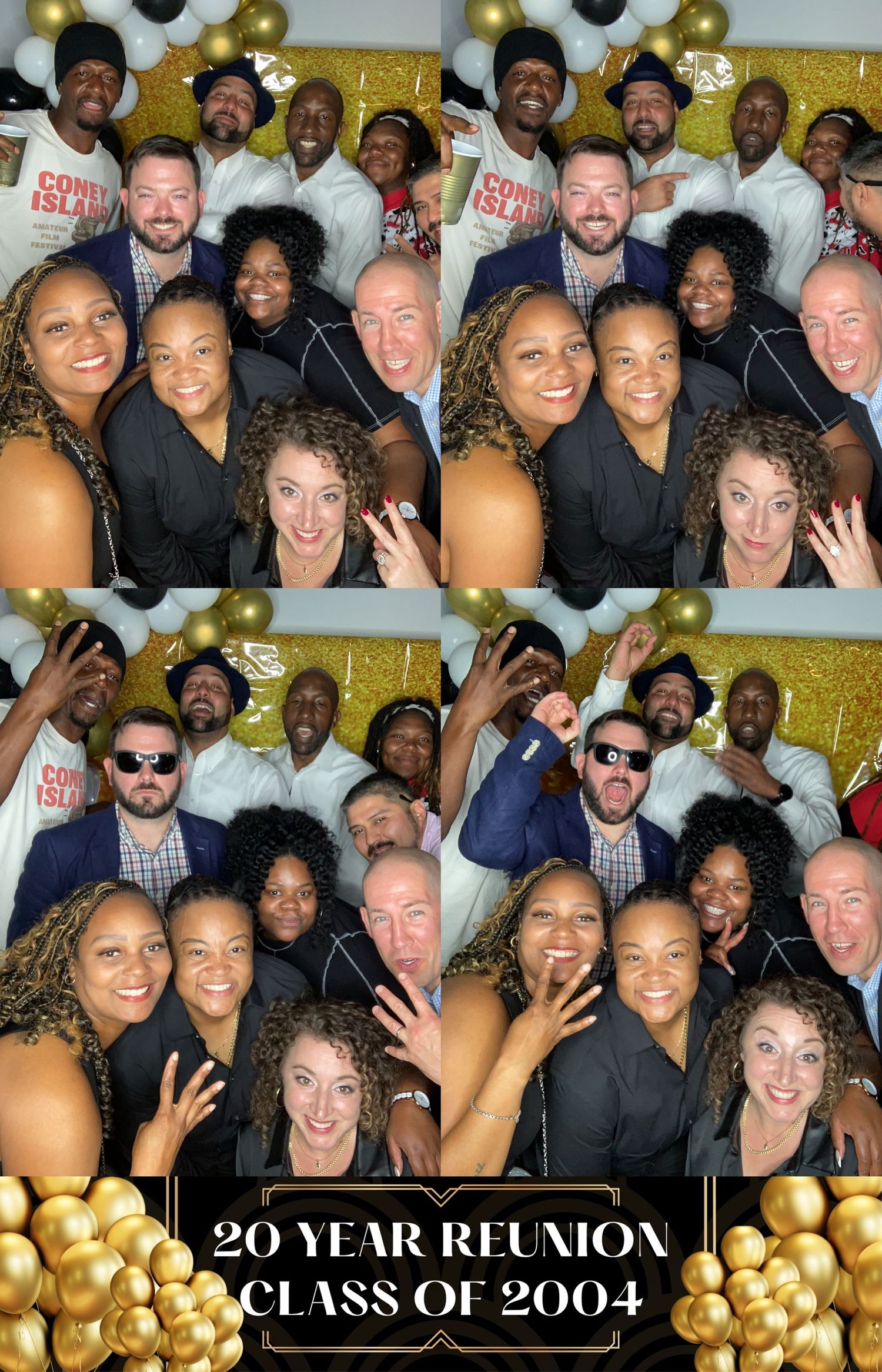 Photo booth strip showing four shots of a lively 20-year class reunion celebration with gold balloon decorations.