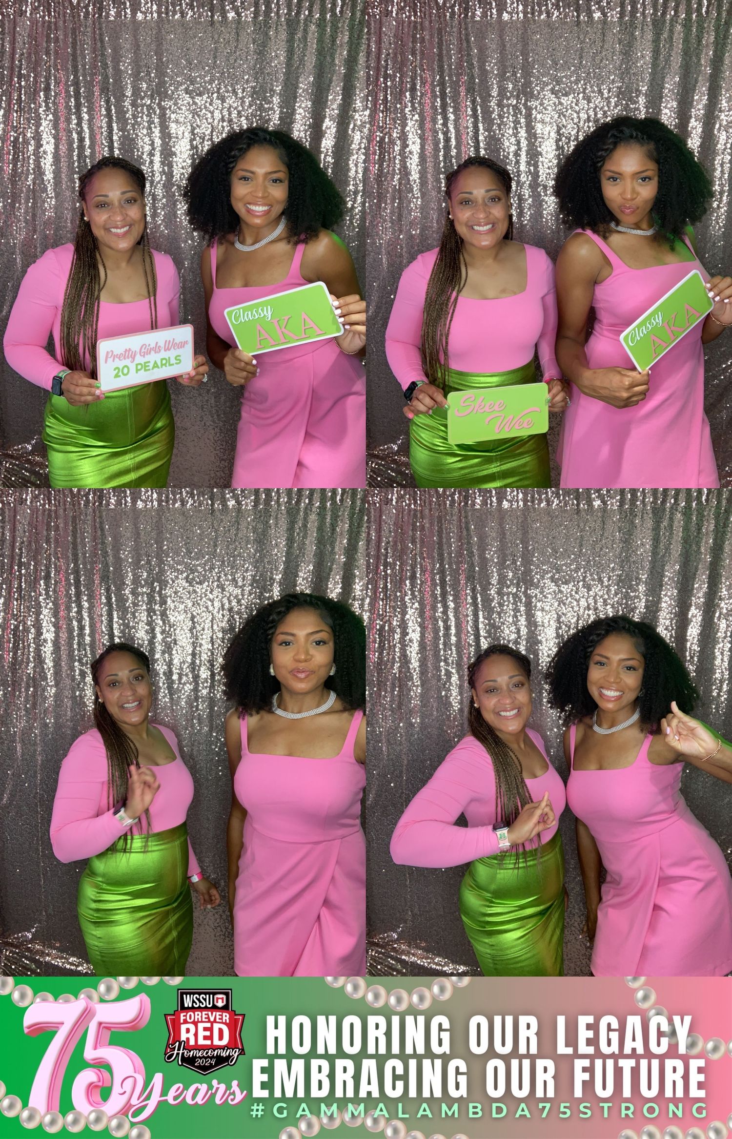 Two photo booth shots show friends wearing pink and lime green outfits posing with signs against a sparkly silver backdrop.