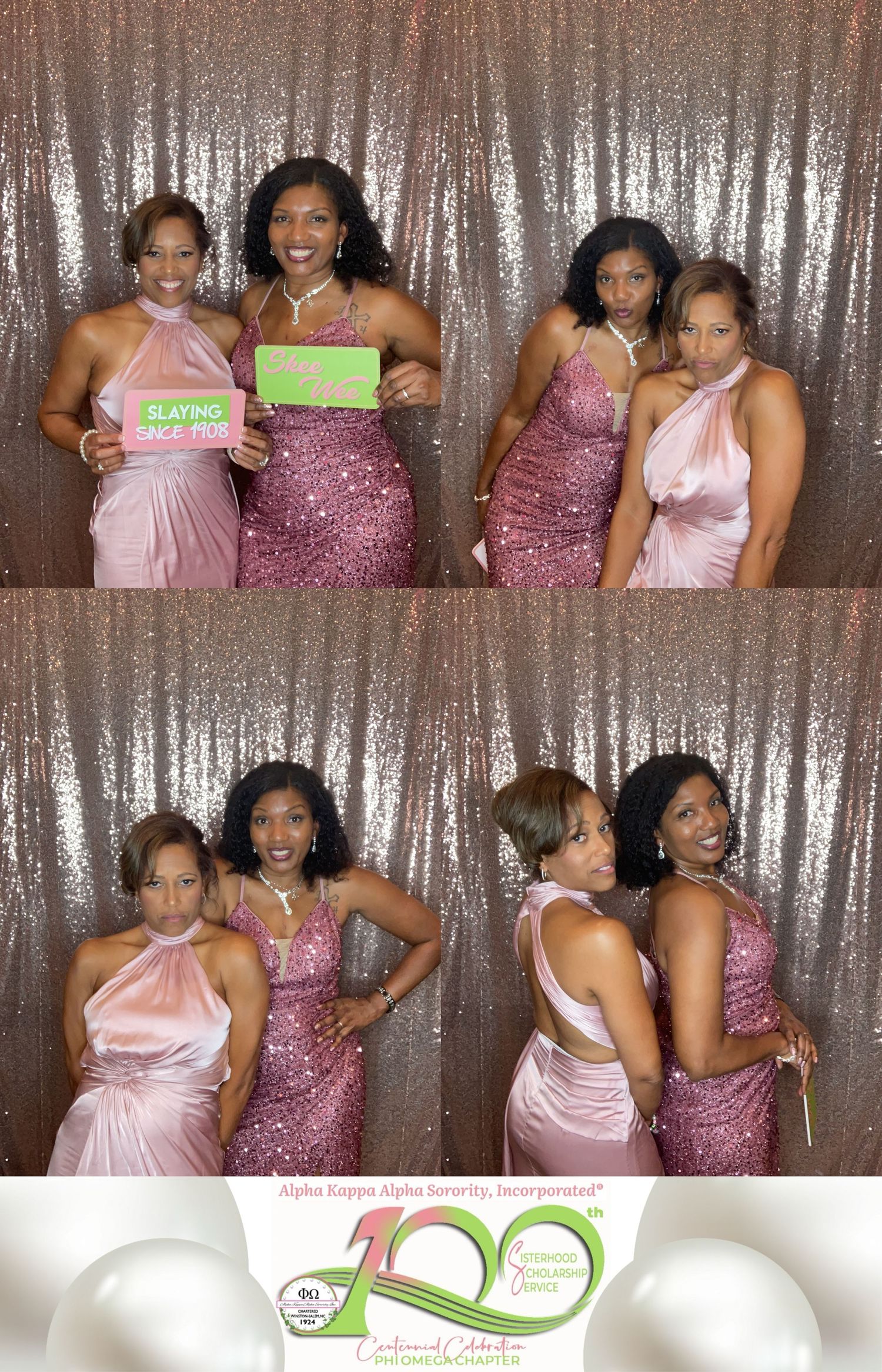 Photo booth strip showing four friends in formal attire posing against a sparkly silver backdrop at an elegant event.